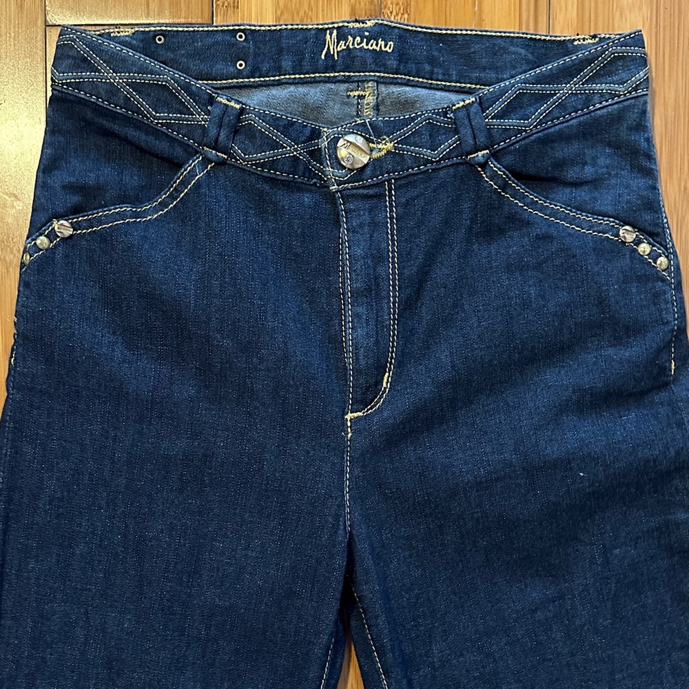 Marciano Bell Bottom Dark Blue Jeans Gold & Rhinestone Embellished, Size 26